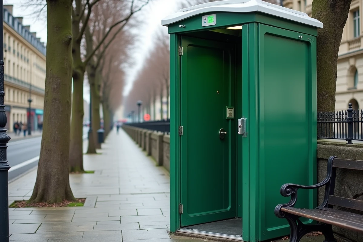 Kiosque WC public autonome ouvert sur un boulevard parisien avec indicateur vert de disponibilité