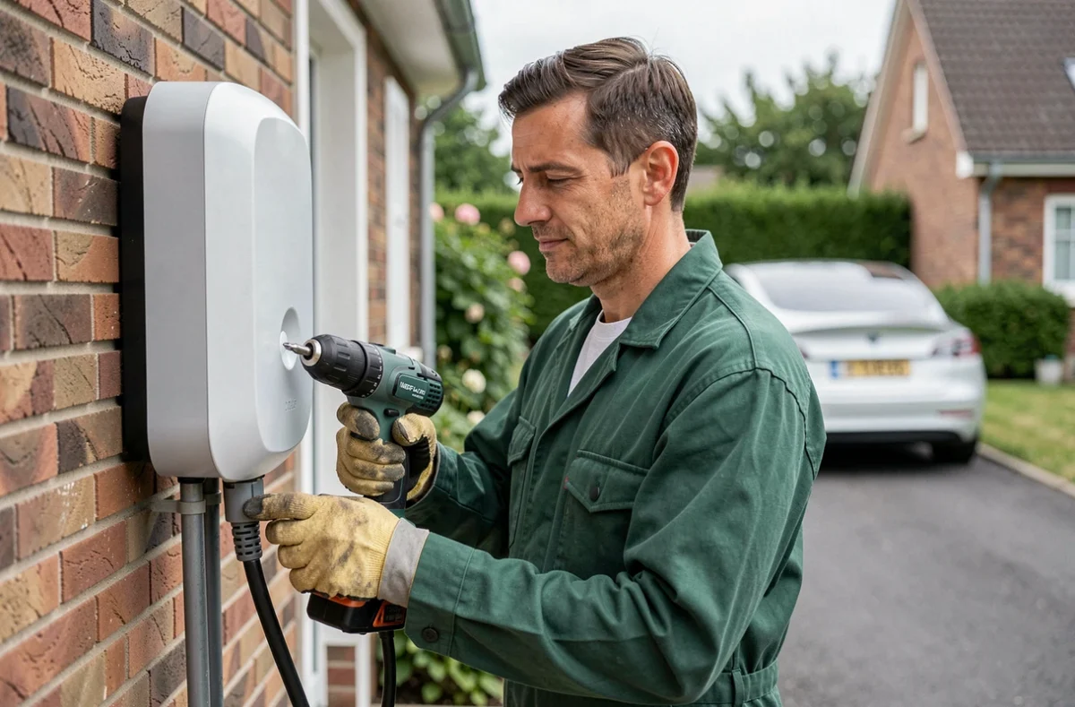 Installateur IRVE de Laurent Alicen Electricité posant une borne de recharge pour véhicule électrique sur la façade d'une maison en Seine-et-Marne