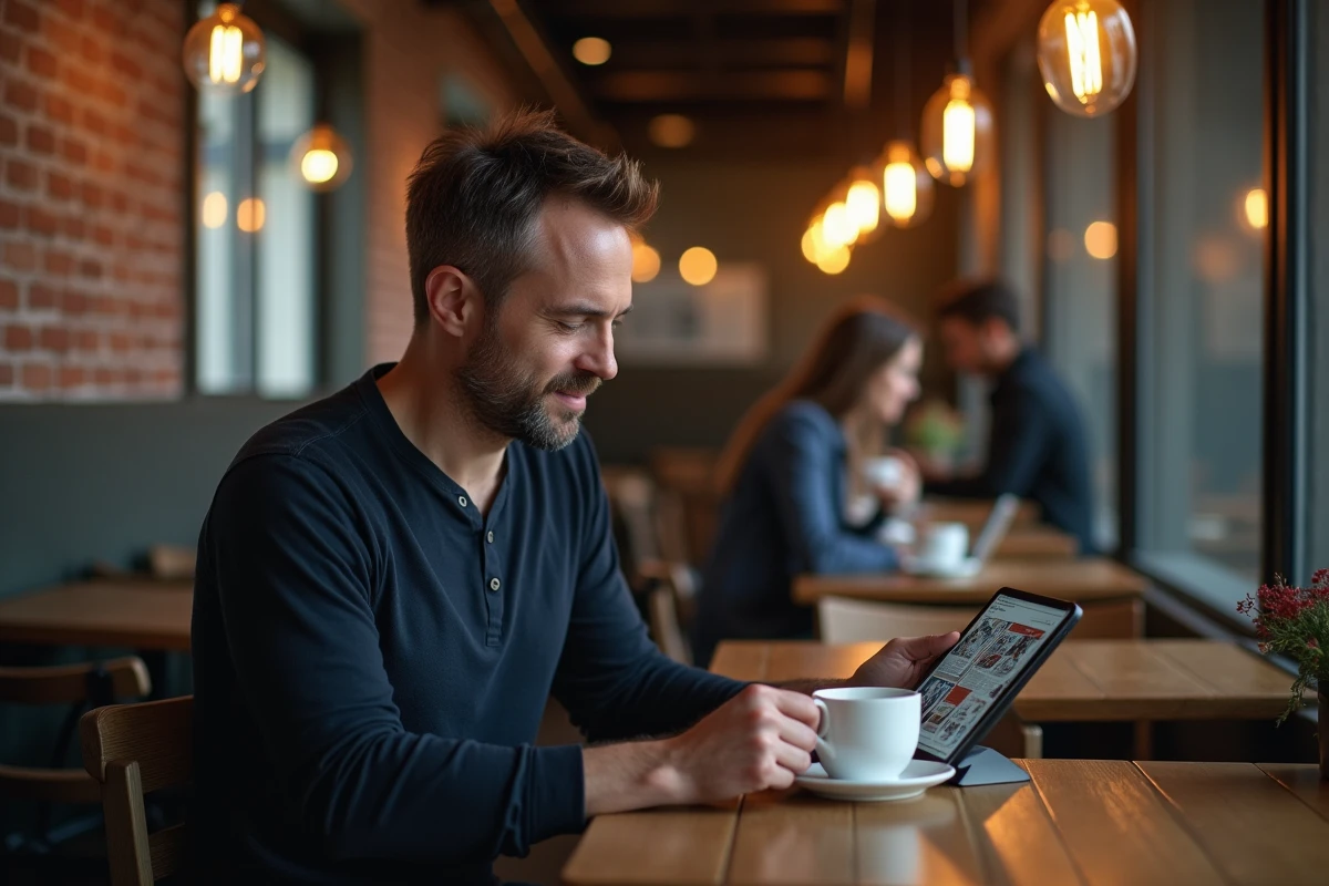 Homme lisant une bande dessinée numérique sur tablette dans un café urbain avec décor en briques apparentes