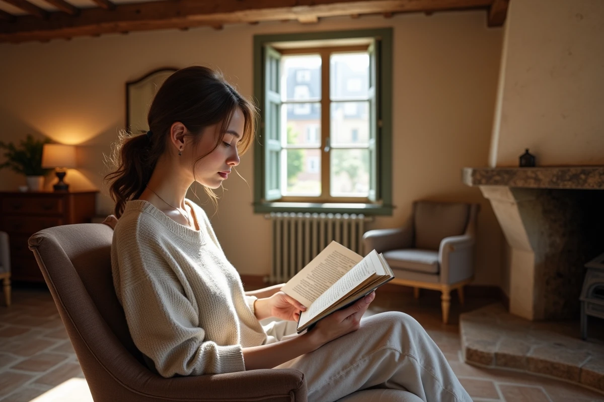 Jeune femme lisant dans une chambre chaleureuse