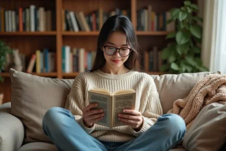 Jeune femme lisant un manga sur tablette numérique confortablement installée dans son salon entouré de livres