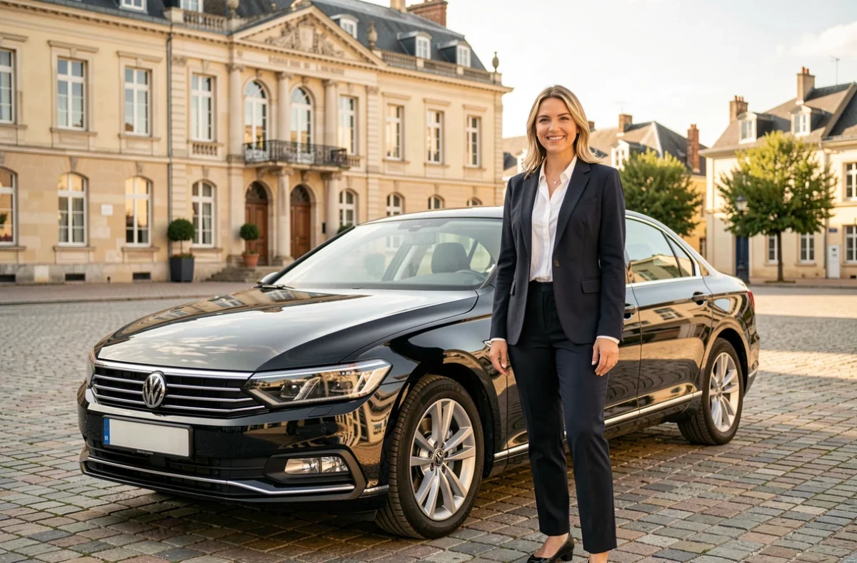 Chauffeuse de Liberty Trans souriante devant une Volkswagen Passat noire sur une place de village ensoleillée dans les Yvelines avec une mairie en arrière-plan