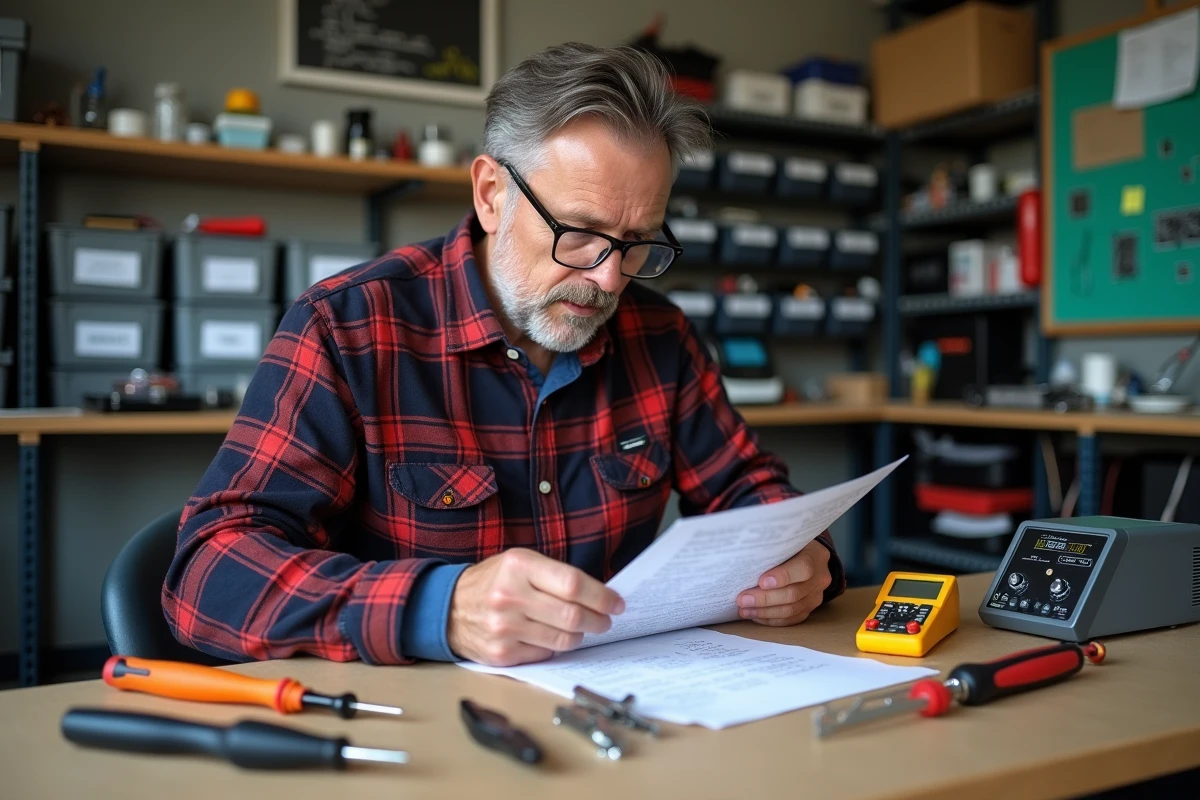 Homme adulte consultant une liste d'outils électroniques posés sur papier kraft dans un atelier de garage