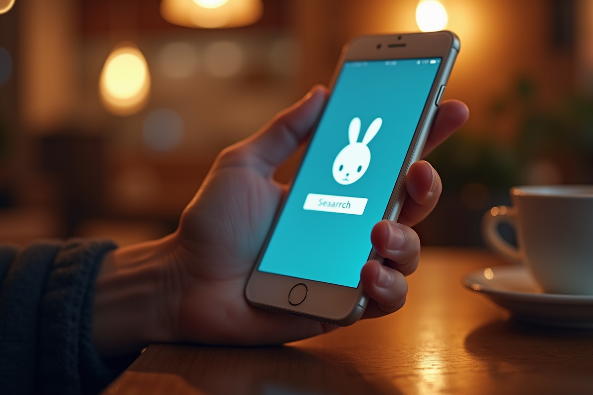 Main tenant un smartphone avec une application de recherche dans un cafe