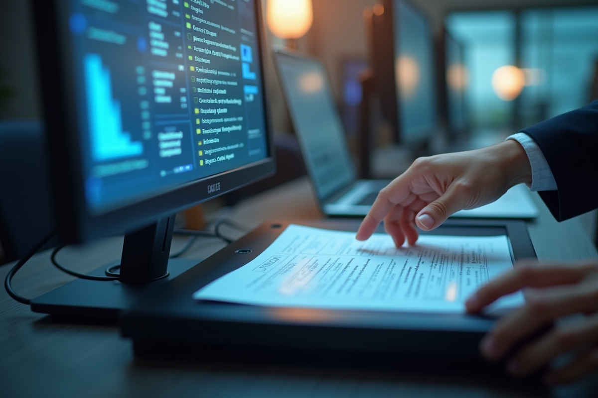 Mains manipulant un scanner haute vitesse avec documents numériques