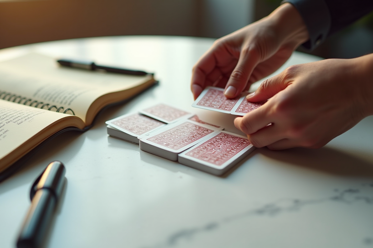 Mains mélangeant un deck de SkipBo avec notes et règle