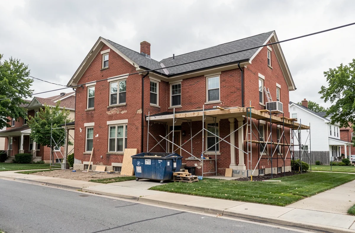 Maison ancienne en briques en cours de rénovation dans un quartier résidentiel