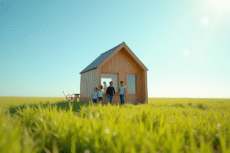 Petite maison recyclée avec famille heureuse en plein champ
