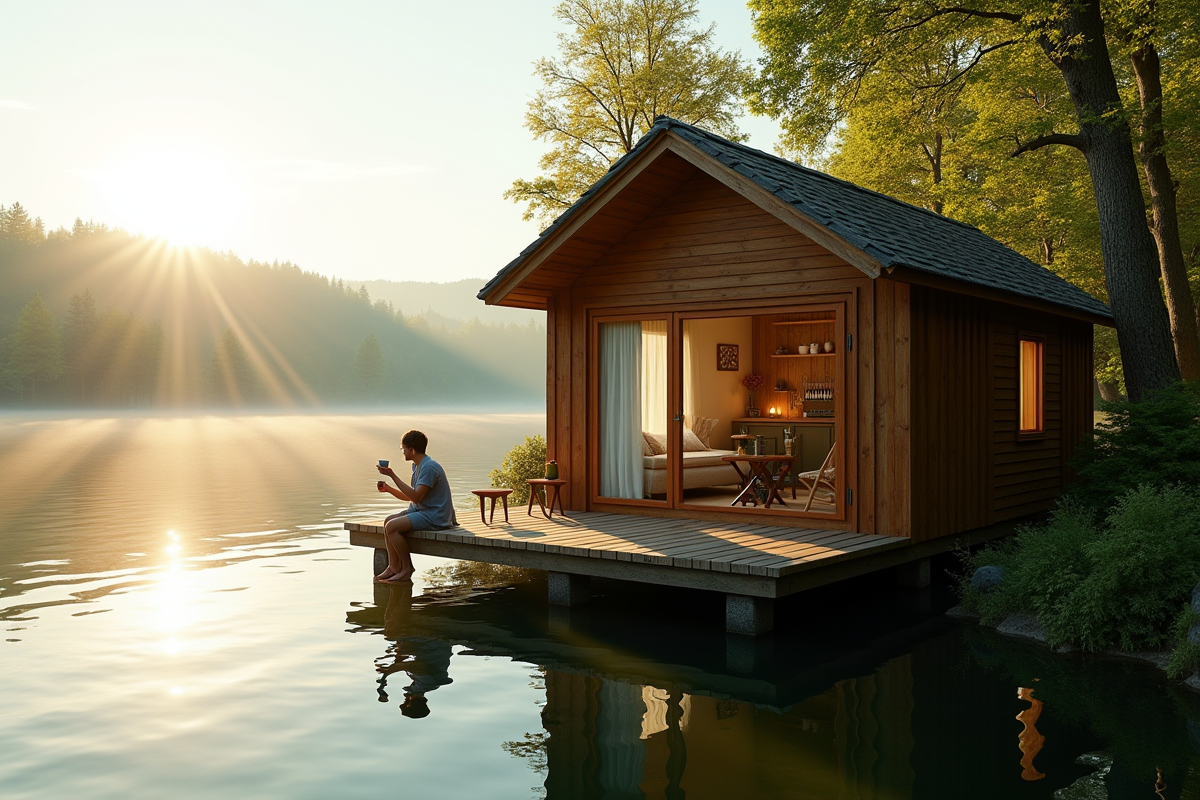 Maison en bois sur pilotis au bord du lac avec personne sur le balcon