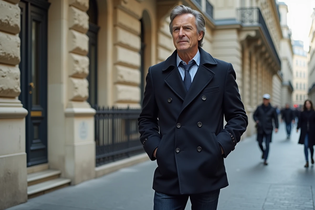 Grand homme élégant en manteau marine devant une façade haussmannienne à Paris, mettant en valeur sa stature dans un contexte architectural