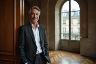Homme grand et élégant aux cheveux grisonnants debout dans un intérieur parisien en pierre, illustrant la taille impressionnante de Marc Lavoine