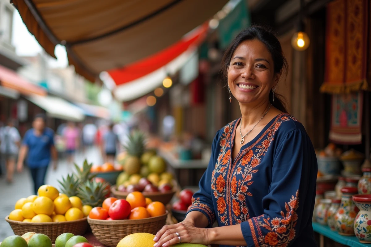 Femme vendant des fruits tropicaux et artisanat sur un marché traditionnel dans un pays hispanophone