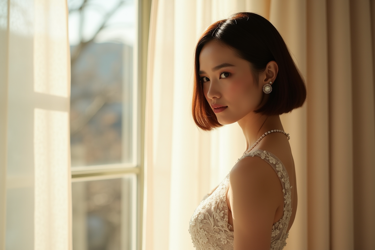 Mariée avec coiffure bob élégante devant une fenêtre