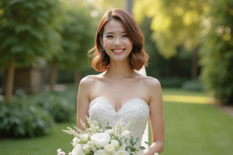 Mariée souriante en robe de mariage dans un jardin