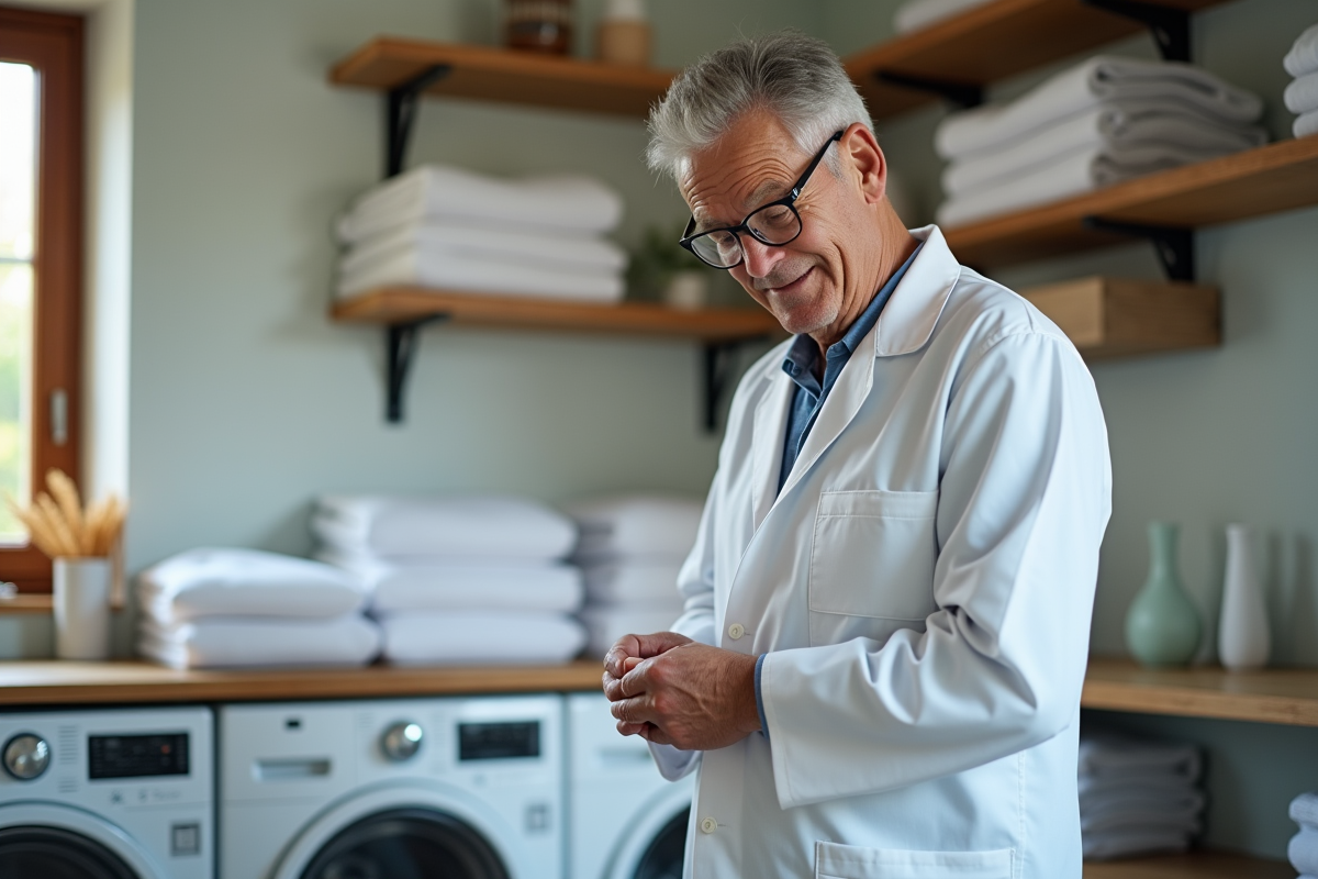 Medecin rangeant une blouse blanche dans une laverie maison