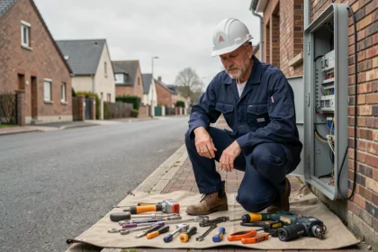 Un électricien professionnel intervient sur un tableau électrique dans une rue résidentielle de Seine-et-Marne