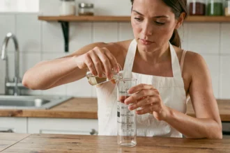 Femme mesurant 80 ml de liquide dans un verre doseur gradué sur un plan de travail en bois
