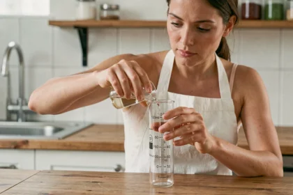 Femme mesurant 80 ml de liquide dans un verre doseur gradué sur un plan de travail en bois