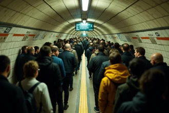 Quai de métro parisien bondé pendant les Jeux Olympiques avec voyageurs et panneaux RATP