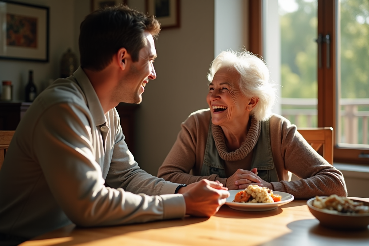 Famille riant autour d une table en lumière douce