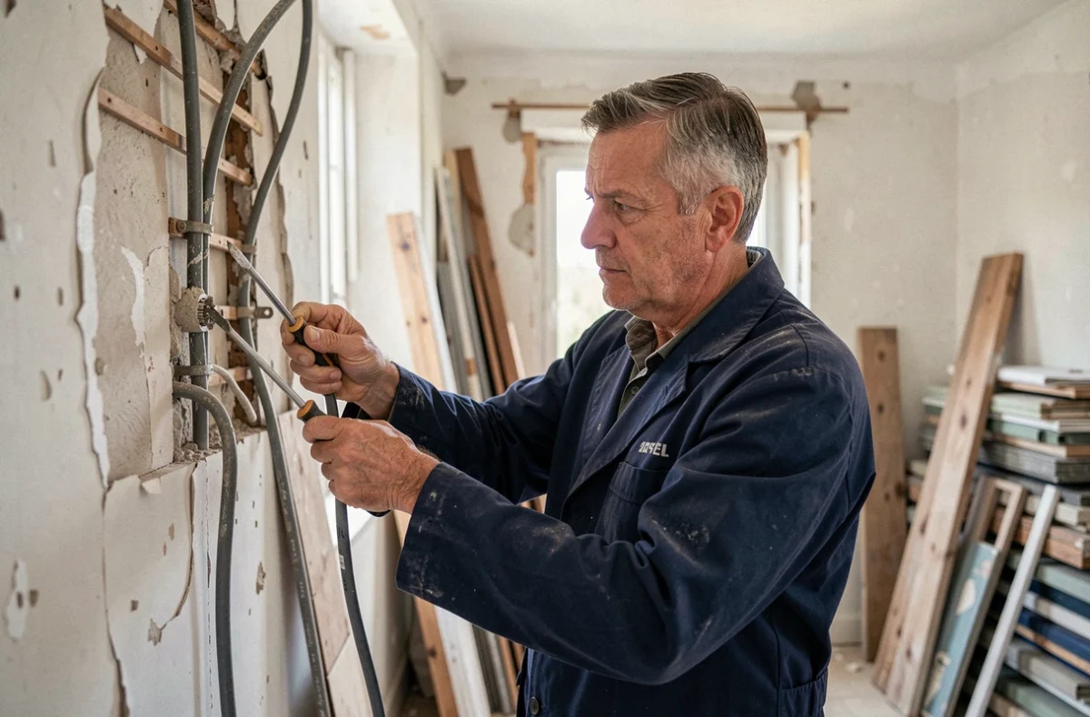 Spécialiste en rénovation électrique de Monforte'lec retirant d'anciens câblages dans un appartement en cours de rénovation