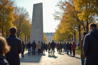 Groupe de personnes autour d'un monument en France