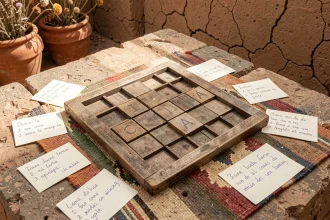 Grille de mots fléchés en bois avec la solution ICA visible, posée sur une surface en pierre dans une cour péruvienne