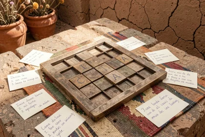 Grille de mots fléchés en bois avec la solution ICA visible, posée sur une surface en pierre dans une cour péruvienne