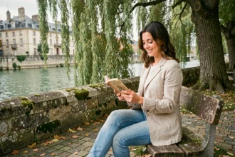 Femme lisant un livre sur un banc en pierre au bord de la rivière Clain à Poitiers, entourée d'arbres et de bâtiments historiques