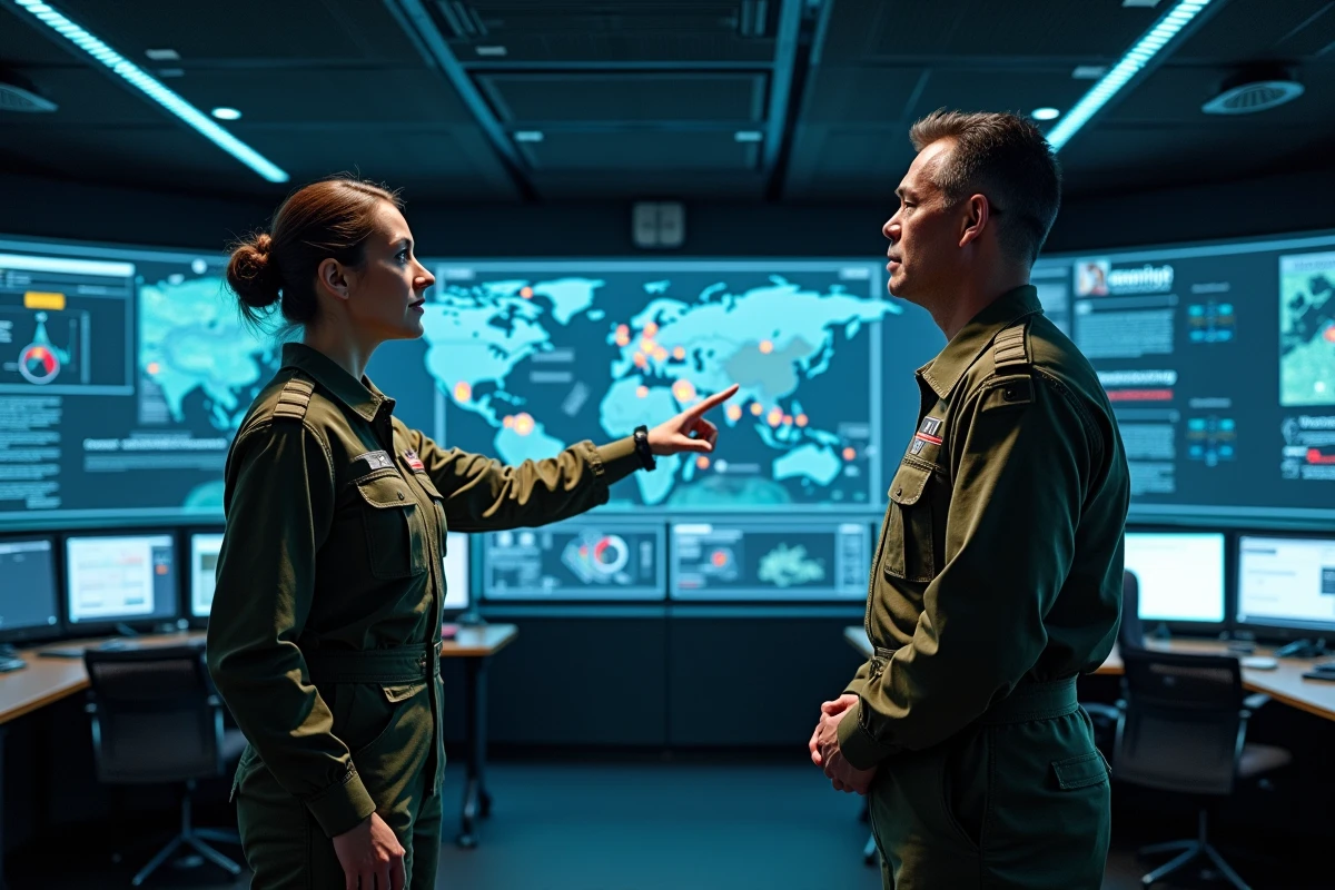 Officiers militaires analysant des informations de défense sur un écran tactique en salle d'opérations
