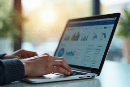 Main utilisant un ordinateur portable pour banque sécurisée