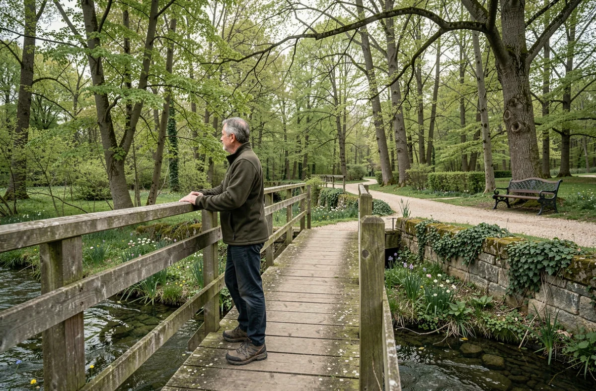 Homme debout sur une passerelle en bois au parc de Blossac à Poitiers, contemplant un ruisseau entouré d'arbres en fleurs