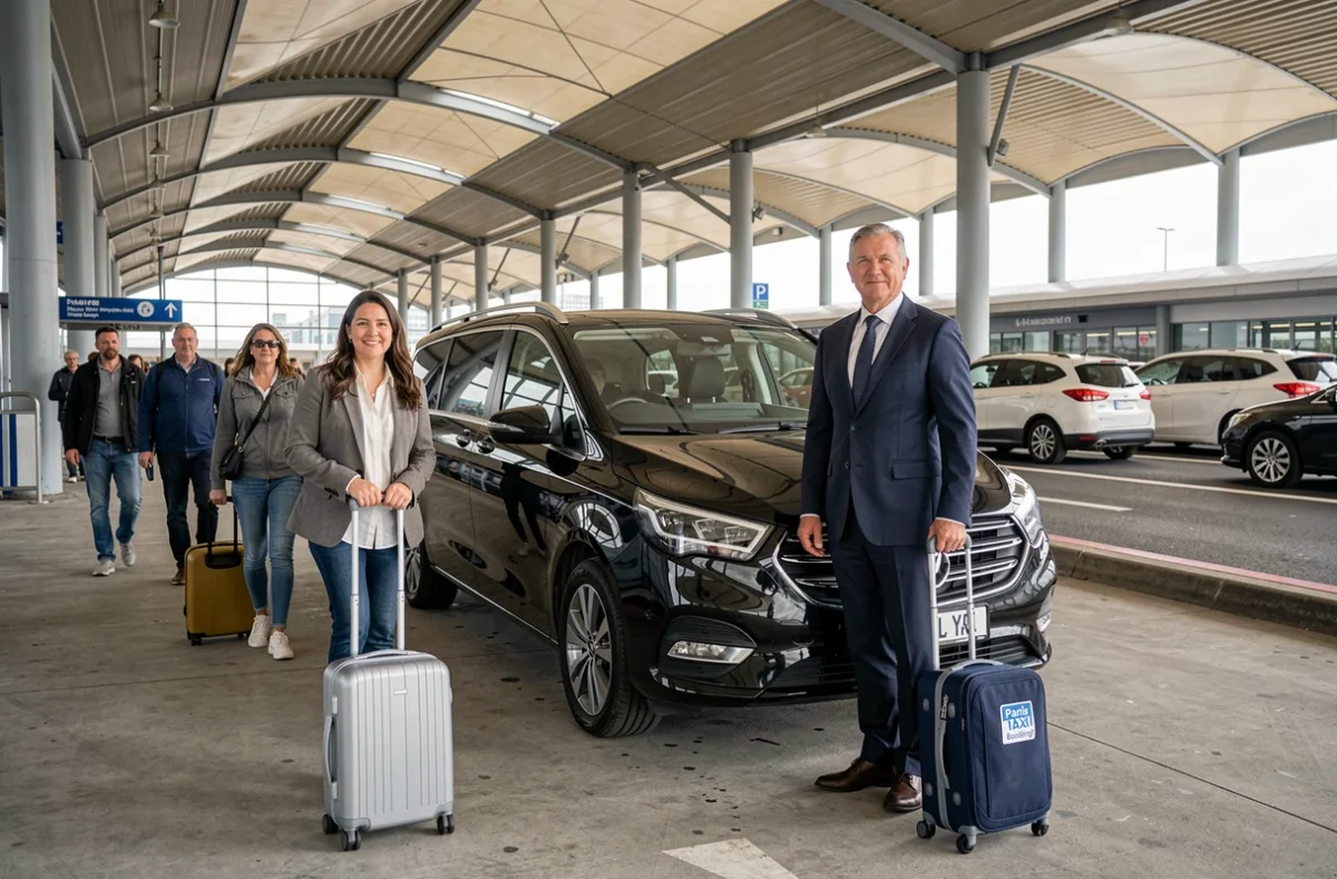 Chauffeur de Paris Taxi Booking tenant un panneau d'accueil devant un minivan noir à la zone de prise en charge de l'aéroport d'Orly