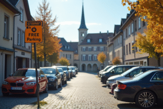 Parking calme à Colmar avec voitures et bâtiments alsaciens