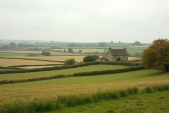 Paysage agricole normand avec champs vallonnés, haies bocagères et ferme en pierre traditionnelle en automne