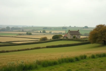 Paysage agricole normand avec champs vallonnés, haies bocagères et ferme en pierre traditionnelle en automne