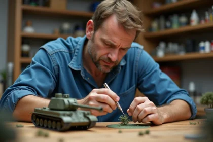 Homme peignant un modèle de char avec précision
