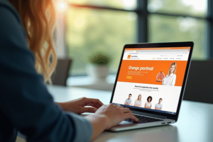 Personne utilisant un ordinateur portable avec site Orange affiché