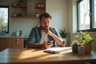 Personne assise à une table moderne avec smartphone en main