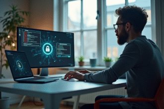 Personne inquiète utilisant un VPN avec alertes de sécurité