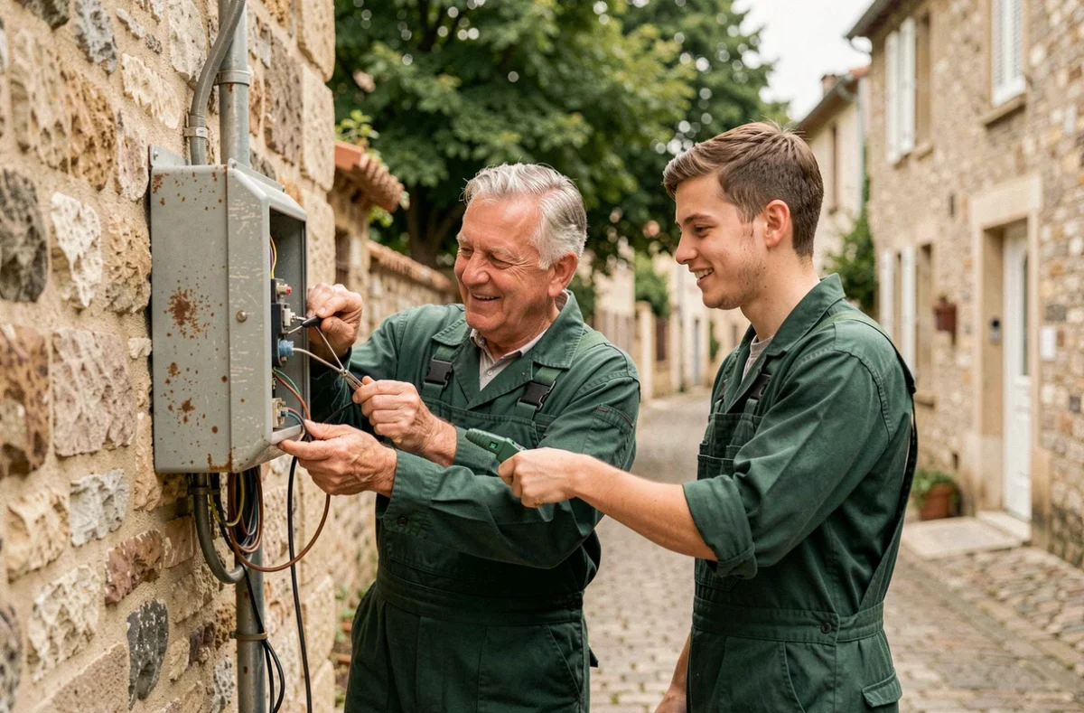 Deux électriciens de Pierre Soliveau et Fils, père et apprenti, travaillant sur une boîte de jonction électrique dans le village d'Orly-sur-Morin
