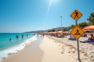 Plage ensoleillee de Chypre avec touristes et parasols