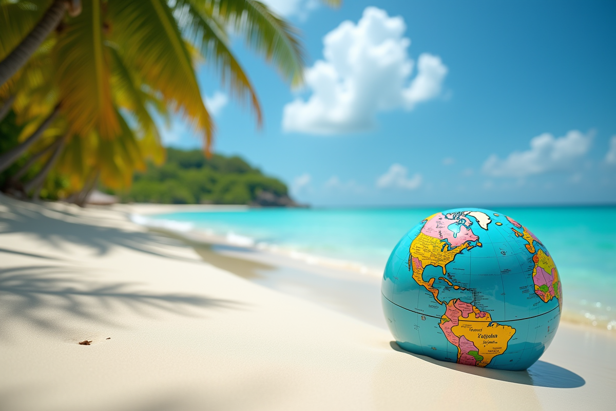 Plage de Guadeloupe avec un globe dans le sable