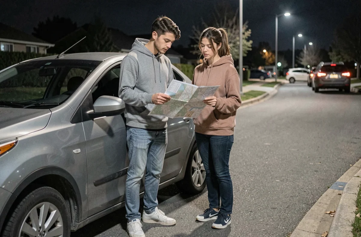 Deux jeunes adultes planifiant leur trajet en voiture la nuit avant une teuf, consultant une carte routière sur le bord d'une rue suburbaine