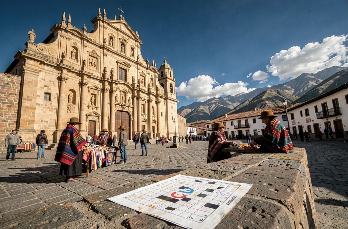 Place principale de Cusco au Pérou avec des vendeurs quechuas et une grille de mots fléchés posée sur la pierre en premier plan