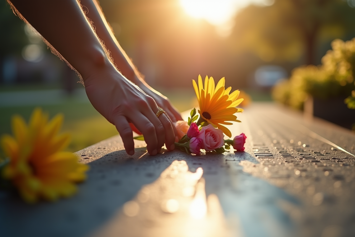 Mains déposant des fleurs sur une plaque commémorative