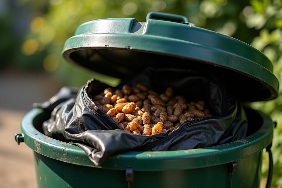 Poubelle extérieure avec vers sur sacs plastiques humides