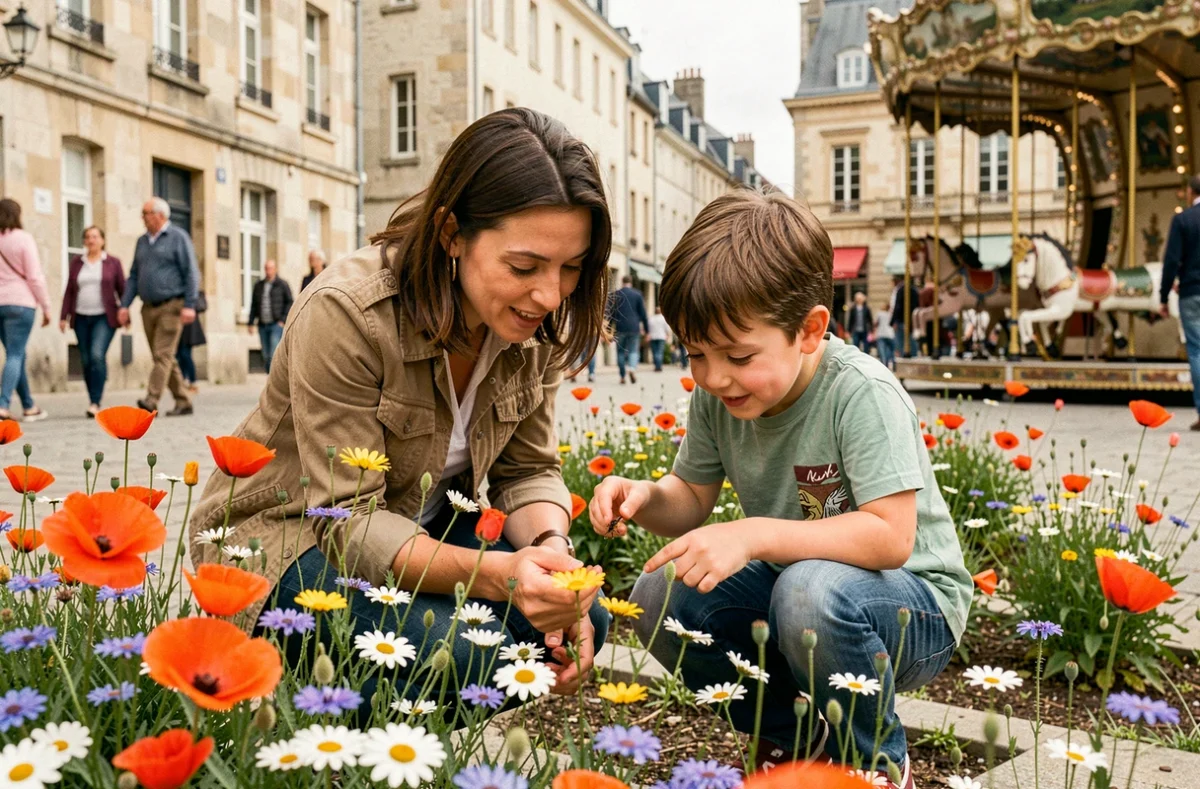 Mère et enfant observant des insectes dans une prairie fleurie urbaine sur une place de Poitiers en plein week-end
