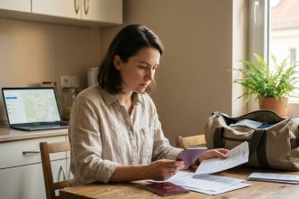 Femme préparant ses documents de voyage pour un week-end en Europe à la maison