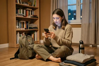 Jeune femme préparant son sac pour une nuit en teuf, consultant une application de conseil de sécurité sur son smartphone dans une chambre cozy